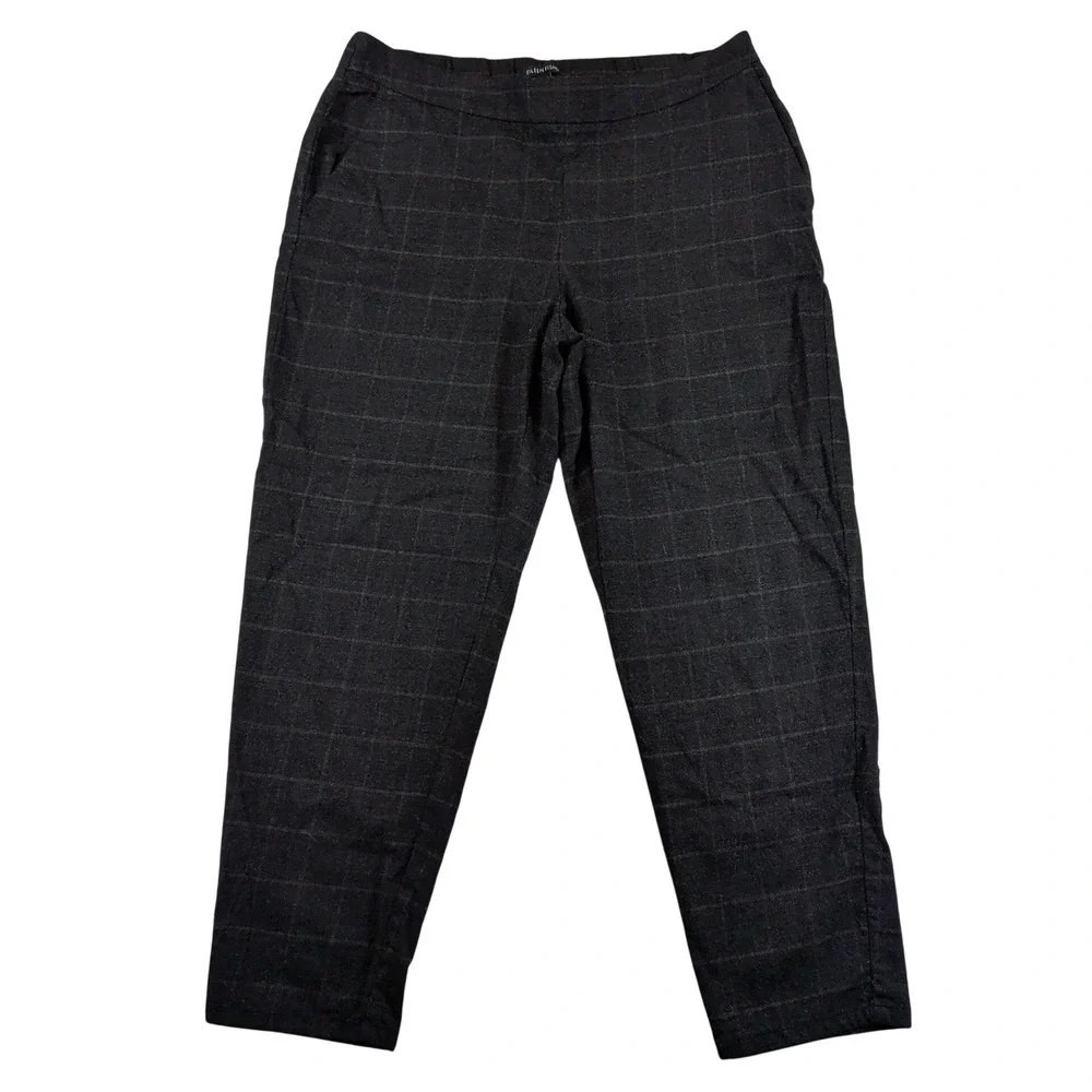 Eileen Fisher Wool Blend Windowpane Plaid Tapered Ankle Pants Gray Womens Medium